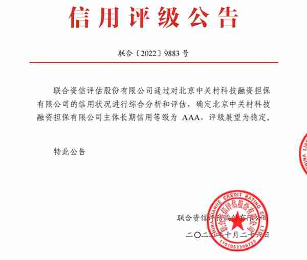 喜讯 | 中关村担保公司荣获第四家权威机构“AAA”主体信用评级